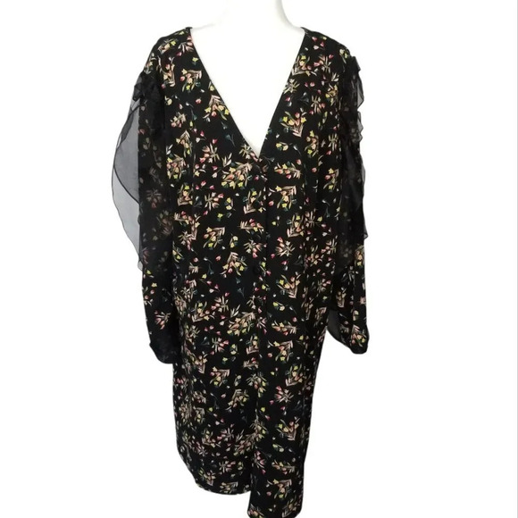 Second Sight Women Black Floral Casual Short Dress Long Sleeve Ruffles Size 7 - Picture 2 of 9